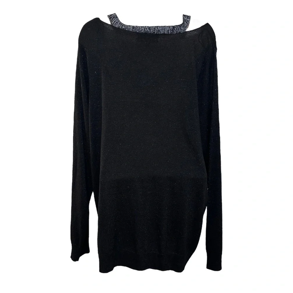 JOSEPH A. Black & Silver V-Neck Lightweight Sweater with Silver Cut-Out Accents